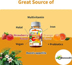 Kids Multivitamin Gummies with Iron & Probiotics - Vegan, Gelatin-Free, Halal, Orange & Strawberry Flavors, 90 Count
