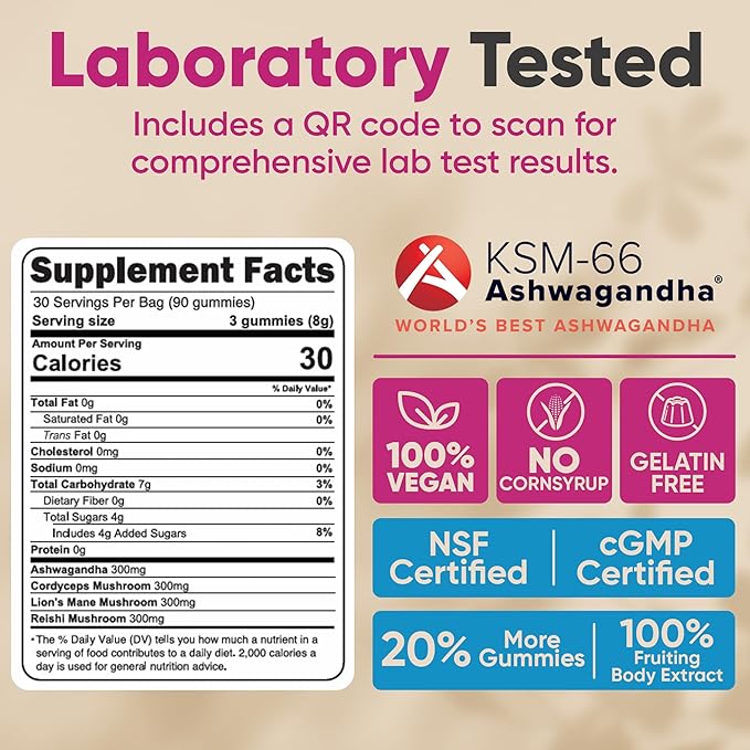 E&H Farms Sleep Mushroom Gummies for Focus & Energy - Prebiotic & Functional Mushrooms with Lion's Mane, Reishi, Cordyceps & Ashwagandha - Low Calorie Daily Vegan Supplement Gummies - 90 Mixed Flavor