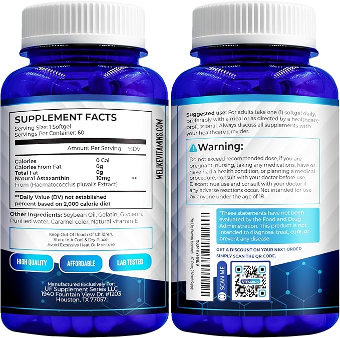 We Like Vitamins Astaxanthin 10mg Softgel - Highly Potent Astaxanthin Supplements from Haematococcus Pluvialis - Improves Eye, Joint, Skin Health & Energy Levels - 60 Count, 2 Month Supply