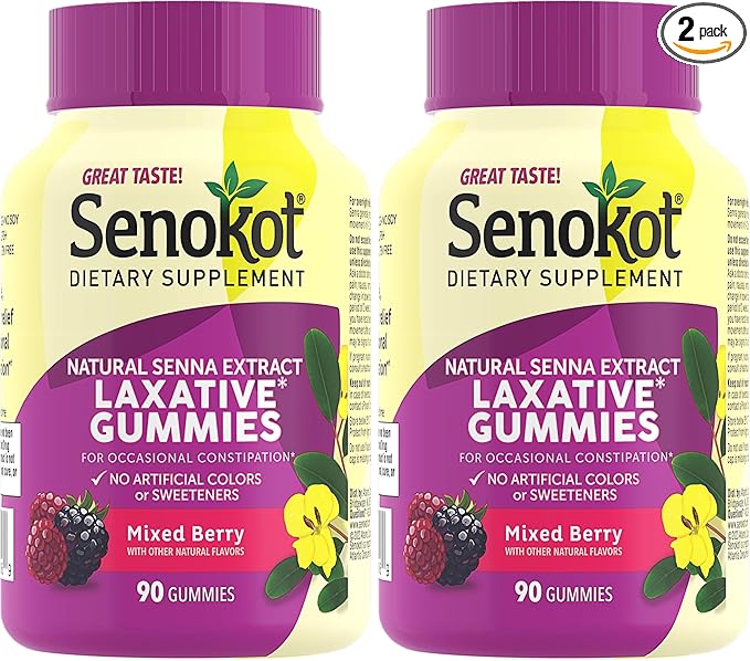 Senokot Dietary Supplement Laxative Gummies,Natural Senna Extract,Gentle,Overnight Relief from Occasional Constipation,Mixed Berry Flavor,90 Count (Pack of 2)