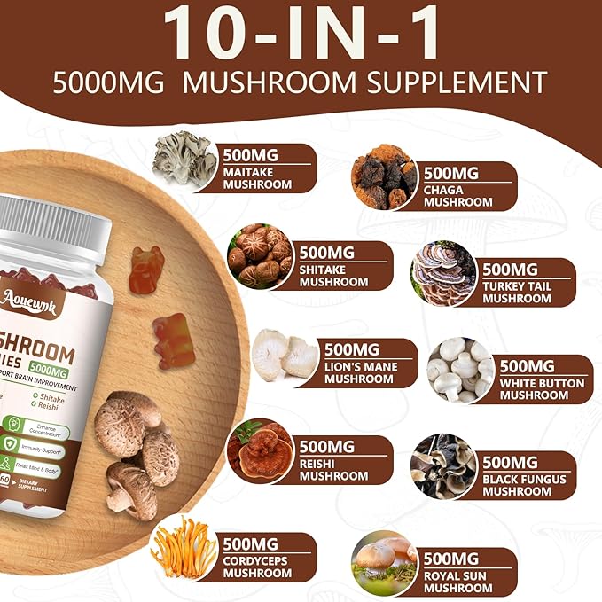 2 Pack 5000MG Mushroom Gummies for Men & Women - 10-in-1 Blend Mushroom Complex Supplement containing Lion's Mane, Brain and Immune Boosting, Blueberry Flavor, Non-GMO, 120 Counts