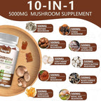 2 Pack 5000MG Mushroom Gummies for Men & Women - 10-in-1 Blend Mushroom Complex Supplement containing Lion's Mane, Brain and Immune Boosting, Blueberry Flavor, Non-GMO, 120 Counts