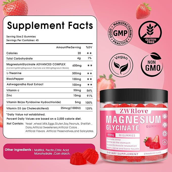Magnesium Glycinate Gummies 400 mg with Ashwagandha,Magnesium Malate & L-Theanine for Women Men & Kids Adults,Chewable Complex Supplements for Sleep,Calm,Nerves,Heart,Muscles,90 Count