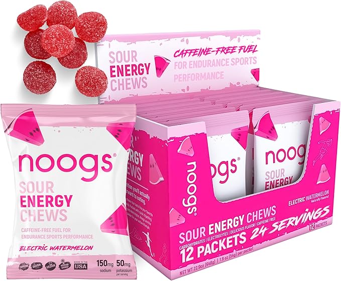 Noogs Sour Energy Chews, Electric Watermelon Electrolyte Energy Gummies, Sour Candy Flavored Alternative to Running Gels, Vegan, Gluten Free & Caffeine Free, 12 Pack