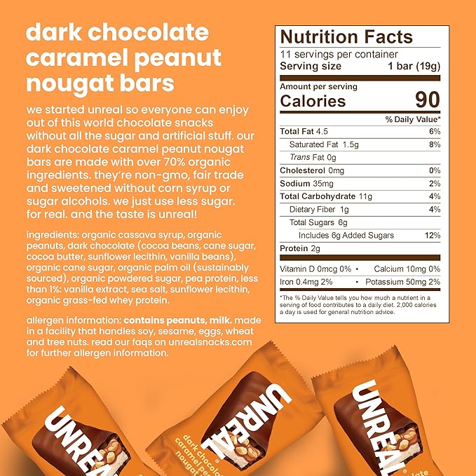 UNREAL Dark Chocolate Caramel Peanut Nougat Bars, 70% Organic Ingredients, Fair Trade, Non-GMO, No Corn Syrup, Sugar Alcohols, Soy, 209grams (3 Value Size Bags)
