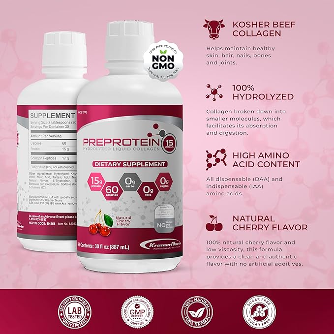 PreProtein 15 Liquid Hydrolyzed Collagen Peptides – Sugar Free Cherry Flavor Drink – 15g Protein Amino Acid Supplement for Bariatric Recovery, Joint Support & Wound Care – 30oz