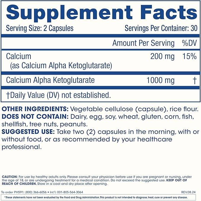 ProHealth, Ca AKG Supplement (Alpha Ketoglutarate) (1,000 mg per 2 Capsule Serving, 60 Capsules). Supports Metabolic Function and Healthy Aging Processes.