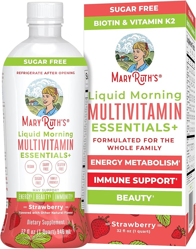 MaryRuth's Liquid Morning Multivitamin Essentials+ | Vitamin A C D E B6 B12 K2 Biotin Zinc | Mens Womens Multivitamin | Immune Support | Beauty | Sugar Free | Vitamins for Ages 1+ | Vegan | 32 Fl Oz