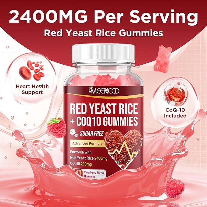 MEENCCD 2 Pack Red Yeast Rice with CoQ10 Gummies, Red Yeast Rice Supplement with Coenzyme Q10 for Overall Well-Being, Sugar Free, Vegan, Raspberry Flavor, 120 Count