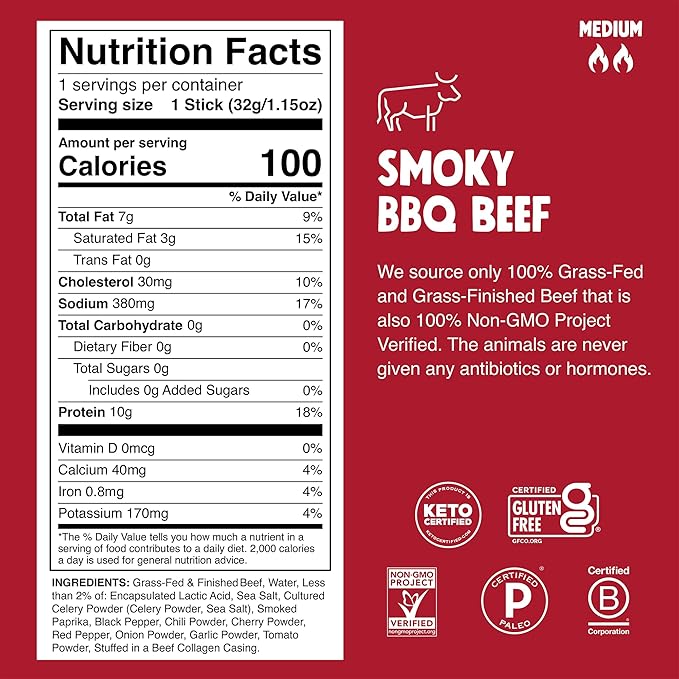 Chomps Grass-Fed and Finished Smoky BBQ Beef Jerky Snack Sticks 10-Pack - Keto, Paleo, Whole30, 10g Lean Meat Protein, Gluten-Free, Zero Sugar Food, Non-GMO