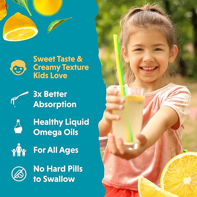 Barlean's Omega Pals Chirpin' Slurpin' Lemonade Flavored Omega-3 for Kids, Yummy Children's Liquid Fish Oil Supplement with 540 mg of EPA and DHA Fatty Acid for Brain & Eye Health, 8 oz, 2 Pack