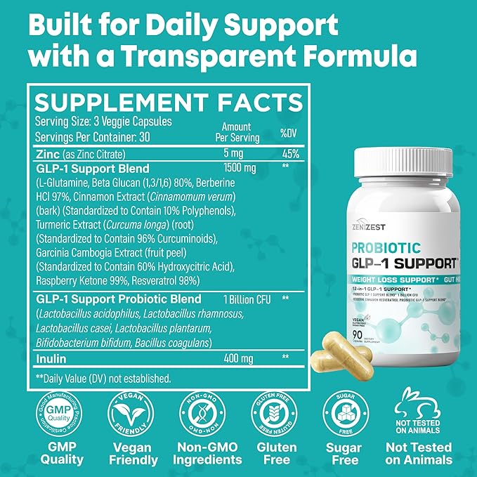 GLP-1 Support Probiotic Weight Loss Support Supplement - Women Men GLP1 Support with Berberine - Natural Keto Daily Oral Appetite Suppressant Hunger Control Metabolism Fat Burn Gut Health