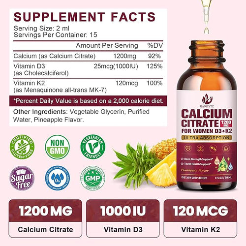 (2 Pack) Calcium Citrate with Vitamin D3 Liquid Drops for Women - Bones, Teeth, Immune Support, 1200mg Calcium Citrate Liquid Drops with Vitamin D3 K2, Vegan, Sugar-Free, 1 Fl Oz