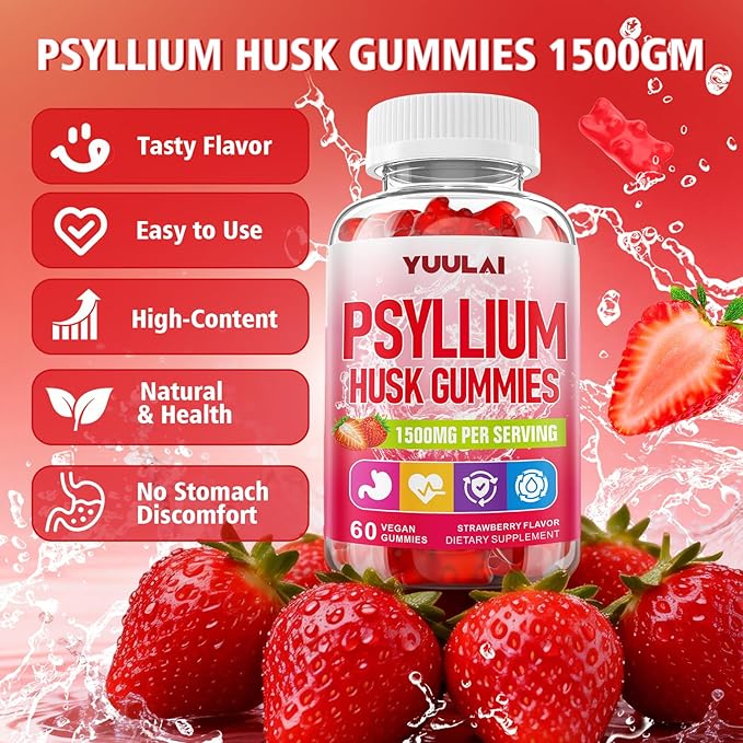 Psyllium Husk Gummies, Psyllium Husk Fiber Supplement, Vegan, Sugar Free, 60 Count
