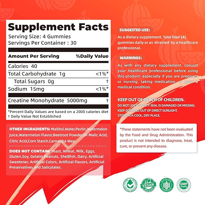 Creatine Monohydrate Gummies 5000mg for Men & Women -120 Gummies Advanced Formula, Muscle Strength, Muscle Builder, Energy Boost, Pre-Workout Supplement-Watermelon