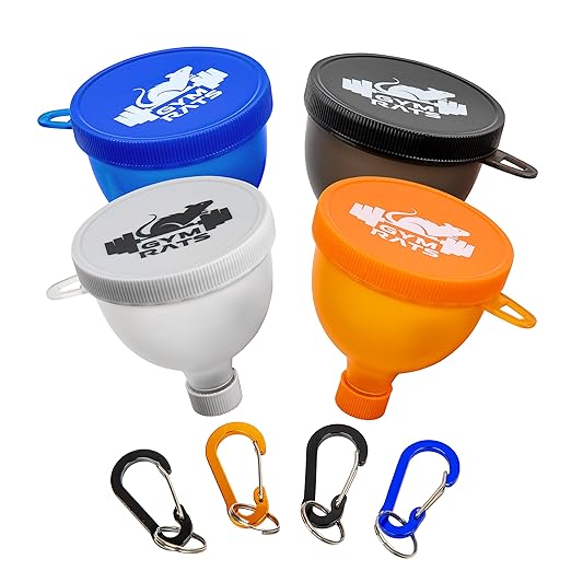 Protein Powder Funnel to Go with Carabiners & Reinforced Caps - 4 Pack (Water Bottle Approve)