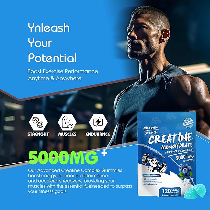NSF Certified Creatine Gummy - Creatine Monohydrate Gummies 5000mg for Men & Women -120 Gummies Advanced Formula, Muscle Strength, Muscle Builder, Energy Boost, Pre-Workout Supplement-Blueberry