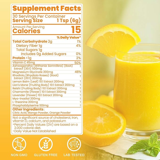 Cortisol Drink Powder, Cortisol Supplements for Women | Magnesium Glycinate, Ashwagandha, L-Theanine & Lion’s Mane | Relaxation, Focus & Stress Balance | Mango Orange Flavor | 30 Servings