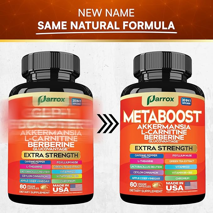 GLP-1 Booster Supplement, Akkermansia, L-Carnitine, Berberine (GlucoVantage), Methylfolate, Methylated B12, Chromium, Capsimax, Psyllium Husk, Probiotics Vitamins D3, B6, 20-in-1 Plant-Based (3 Pack)