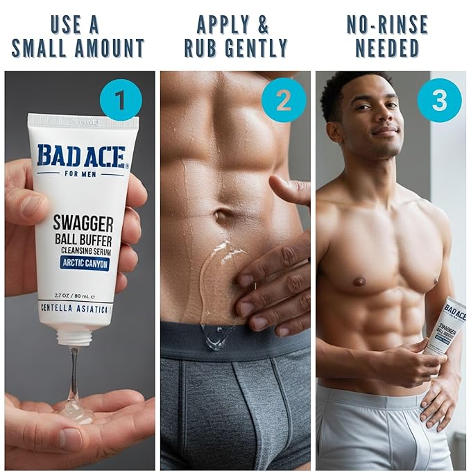 BAD ACE Swagger Ball Buffer | Rinse-Free Hygiene Cleanser & Men's Intimate Wash | Ball & Groin Wash for Men | Below-the-Belt Intimate Wash for Male, Odor & Sweat Control, 2.7 oz