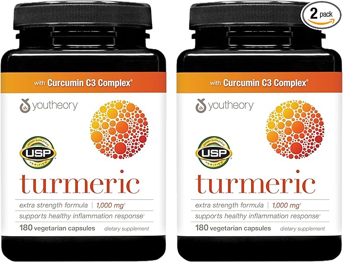 Youtheory Turmeric Extra Strength - 1,000 mg - Supports Muscle & Joint Health* - Contains Bioenhancers, Curcuminoids & Herbal Extracts - USP Verified - 180 Vegetarian Capsules, 2 Pack (180-Day Supply)