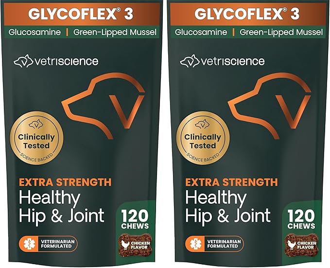 VetriScience Extra Strength Healthy Hip&Joint Chews,GlycoFlex 3,Glucosamine,Green-Lipped Mussel,Joint Support Supplement for Dogs,Promote Mobility&Soothe-Joint Discomfort,Chicken,120 Count (Pack of 2)