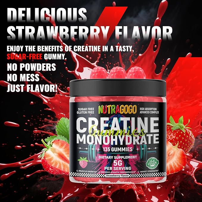 NSF Certified Creatine Gummy - Creatine Monohydrate Gummies for Men & Women-5g of Creatine Monohydrate per Serving - Sugar Free,Vegan, Strawberry Electrolyte Chews, 135 Count