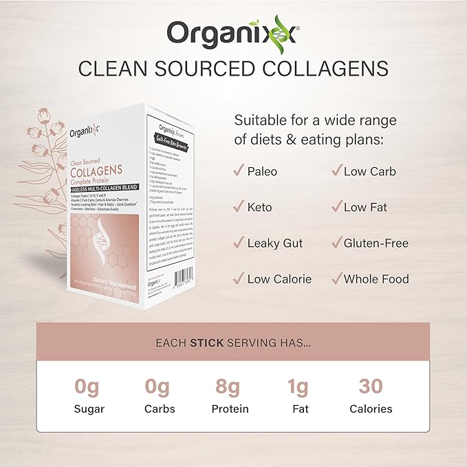 Organixx Clean Sourced Collagens, Protein Powder Supplement with 5 Types of Collagen, Vitamin C, Zinc, and Vitamin B6, Unflavored Collagen Powder, Dairy and Gluten Free, Keto, 15 Travel Packets