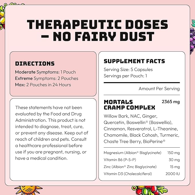 Mortals Cramp Crusher, Supports Bloating Relief for Women, Chasteberry, Magnesium Bisglycinate, Vitamin B6, Black Cohosh, Women's Hormone Balance Supplement, PMS Relief, (50 Capsules)