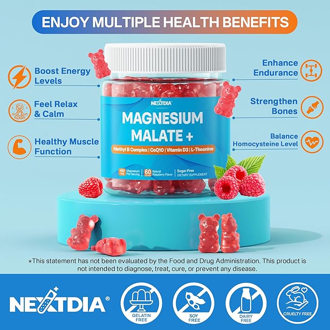Nextdia Magnesium Malate Energy Gummies Plus L-Theanine, CoQ10, Methyl B12, Methylfolate, B6 & D3-400mg Magnesium Gummy Sugar Free for Women Men, Supports Muscle Function, Calm & Relax, Vegan, 60 Cts