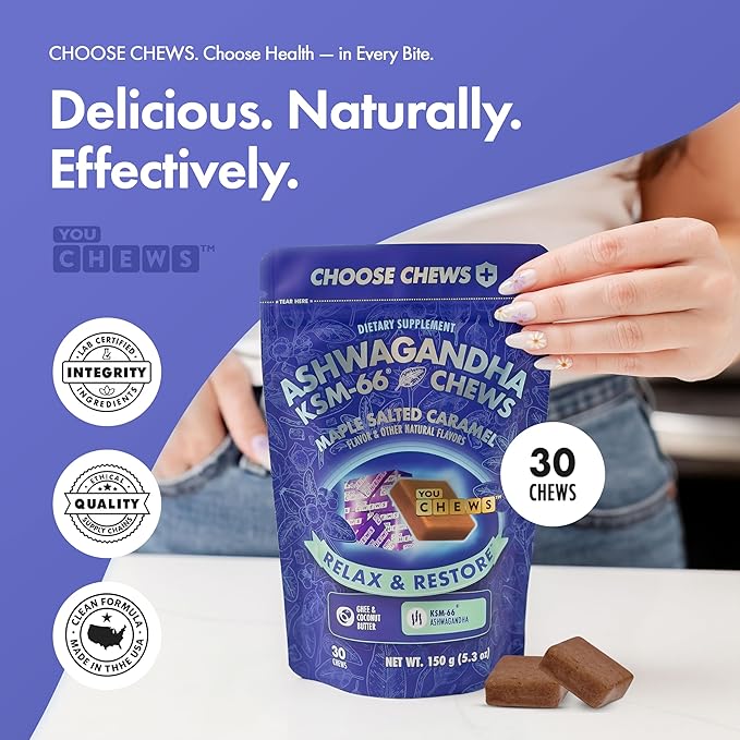 YouChews Ashwagandha KSM-66 Chews for Stress Relief & Mood Support, Organic Ashwagandha Gummies KSM 66 Alternative, Mood Support, Maple Salted Caramel Flavor, 30 Count