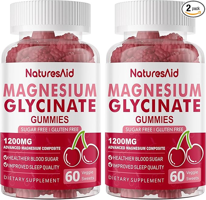 Natures Aid Magnesium Glycinate Gummies 1000mg - Sugar Free Magnesium Potassium Supplement with Vitamin D, B6, CoQ10 for Calm Mood & Sleep Support - 120 Cherry Gummies -2 Pack
