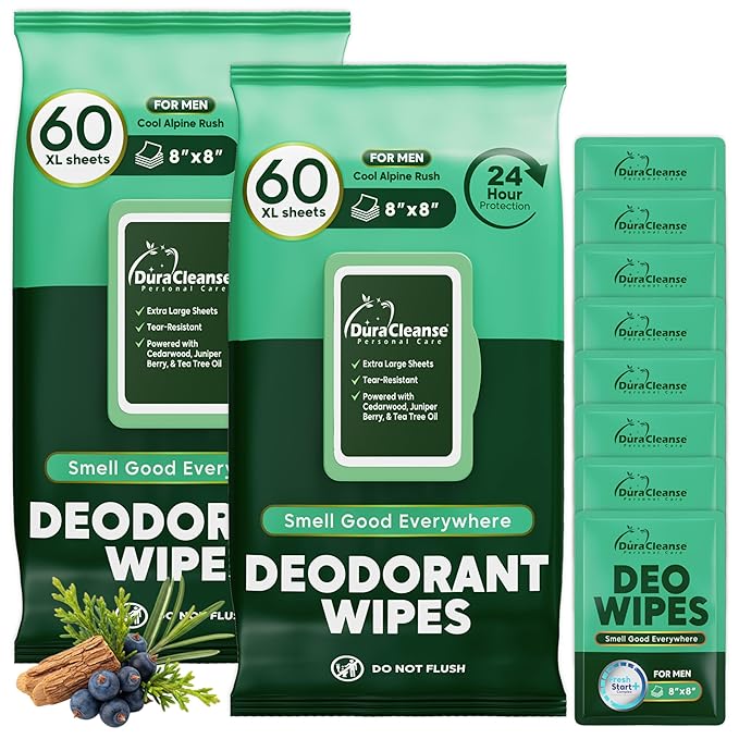 Dura Cleanse Deodorant Wipes for Men - Freshening Body Towelettes for Post-Workout, Travel, and Daily Deodorizing - On-the-Go Fresh Scent Cleansing Wipes, 64 Count (1 Pack)