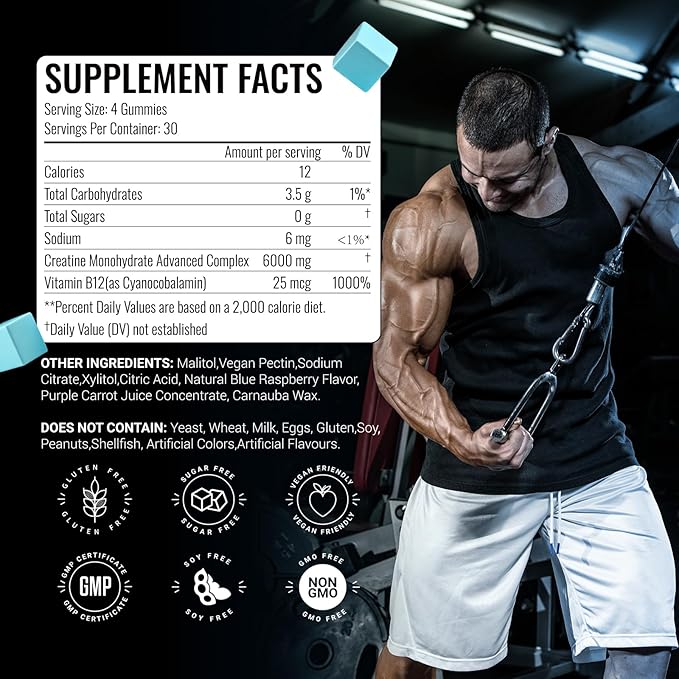Creatine Monohydrate Gummies 6g for Men Women,Complex Creatine Monohydrate Chewable for Muscle Strength,Muscle Building,Energy Boost,Pre-Workout Energy Supplement,Vegan Blue Raspberry - 120 Count