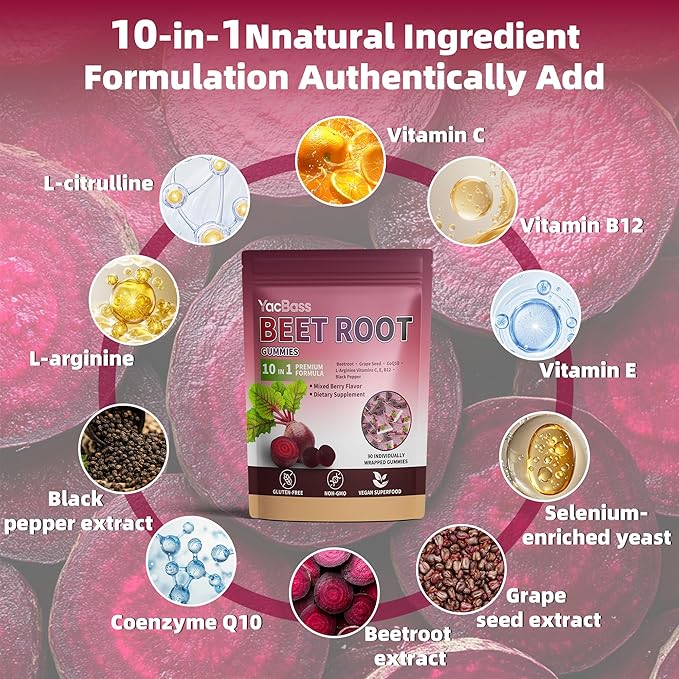 2Pack Beet Root Gummies, 10-in-1 Beetroot Supplements with COQ10, Vitamin C, B12, Grape Seed & Black Pepper Extract, Nitric Oxide Beets SOFE Chews - Mixed Berry Flavor,180 Count