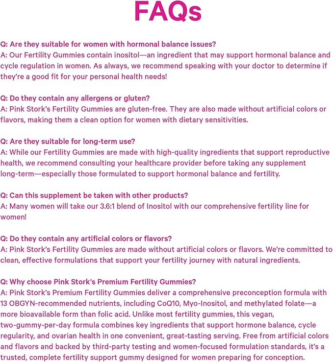 Pink Stork Premium Fertility Gummies | Fertility Supplements for Women with CoQ10, Myo-Inositol + Prenatal Vitamins | Conception Support | Hormone Balance for Women, Ovarian Care - 60 Gummies