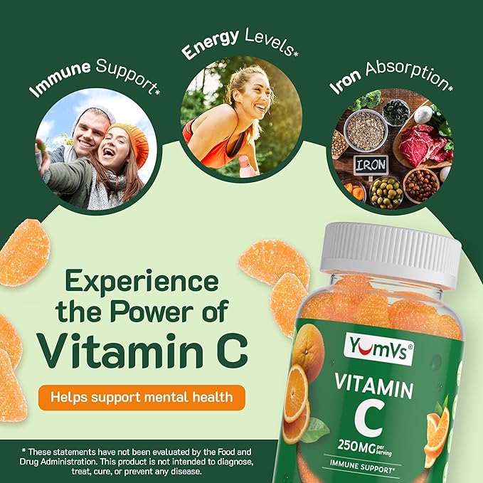 YUM-V'S Vitamin C Gummies for Adults - 250 mg Yummy Vitamin C Gummy - VIT C Gummies - Immune Support Supplement -Orange Flavored Kosher, Halal, Gluten Free (100 Count)