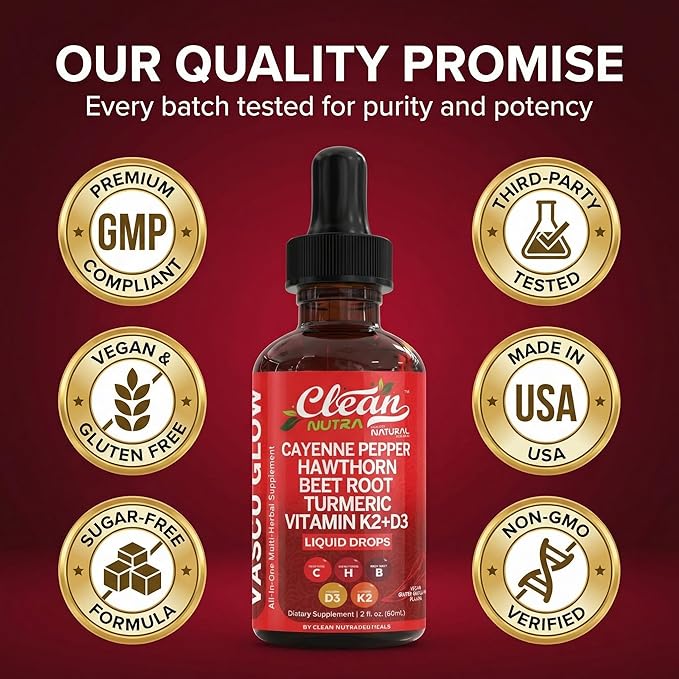 Clean Nutra Cayenne Pepper Drops Supplement Liquid + Hawthorn Berry, Vitamin D3 K2 Beet Root Powder, Ceylon Cinnamon, Turmeric Curcumin, Organic Panax Ginseng, Berberine Extract 1 Pack