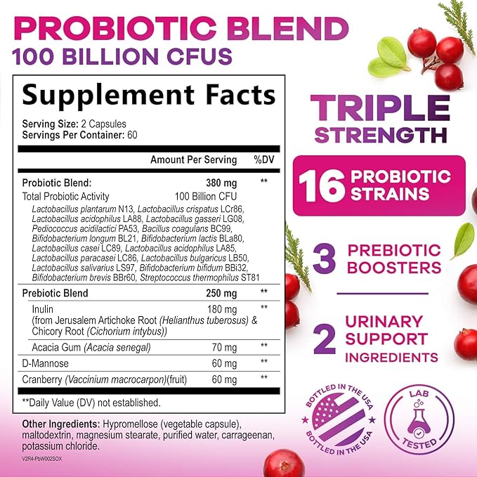 Probiotics for Women 100 Billion CFU Per Serving - 16 Unique Strains, Prebiotics Cranberry & Lactobacillus, PH Balance, Digestive & Gut Health, Vaginal & Immune Support Women's Probiotic, 120 Capsules