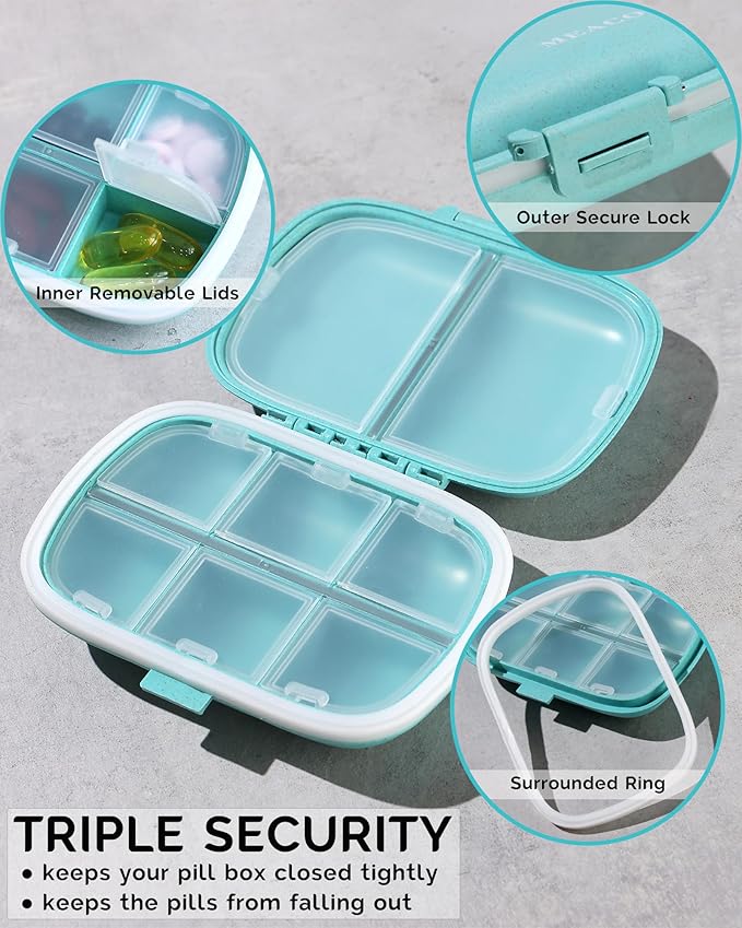 MEACOLIA 3 Pack 8 Compartments Travel Pill Organizer, Daily Pill Case Small Pill Box for Pocket Purse, Portable Pill Container Medicine Vitamin Organizer (Blue, Green, Khaki)