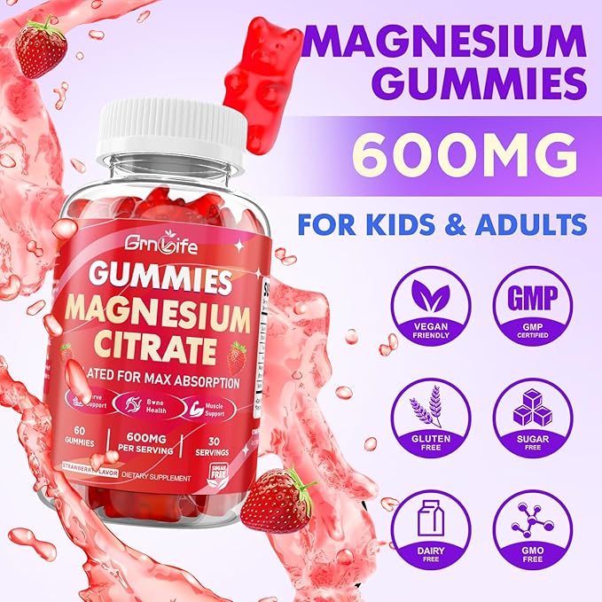 Magnesium Citrate Gummies 600mg for Women Men, High Absorption Magnesium Supplement Gummies for Calm, Relaxation, Muscle Health, Vegan, Strawberry Flavor, 60 Count