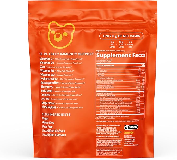 Grüns Immun Immunity Gummies with Vitamin C, Zinc, MCT Oil, & Turmeric - Daily Immune Support Supplement for Adults - Sour Pineapple Flavor (28 Count)
