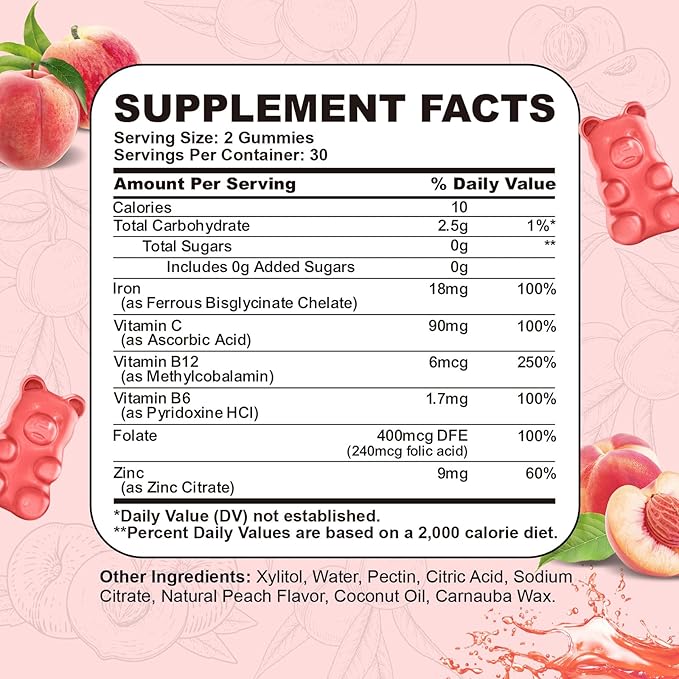 Iron Supplement for Women & Men Gummies, Multivitamin Blood Builder Iron Supplement with Folate Vitamin C B12 B6 Zinc for Adults & Kids - Energy Support - Peach Flavor, Vegan 60 Gummies
