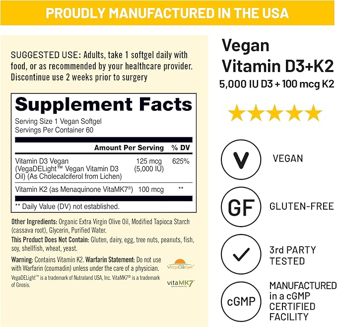 NatureWise Vegan Vitamin D3 + K2 - Natural D3 5000IU + Natural Vitamin K2 100mcg - Bone Support - High Absorption with Organic Cold-Pressed Olive Oil - Non-GMO, (Pack of 2)