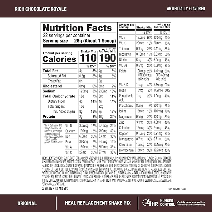 SlimFast Meal Replacement Powder, Original Rich Chocolate Royale, 10g of Protein, 22 Servings (Packaging May Vary)