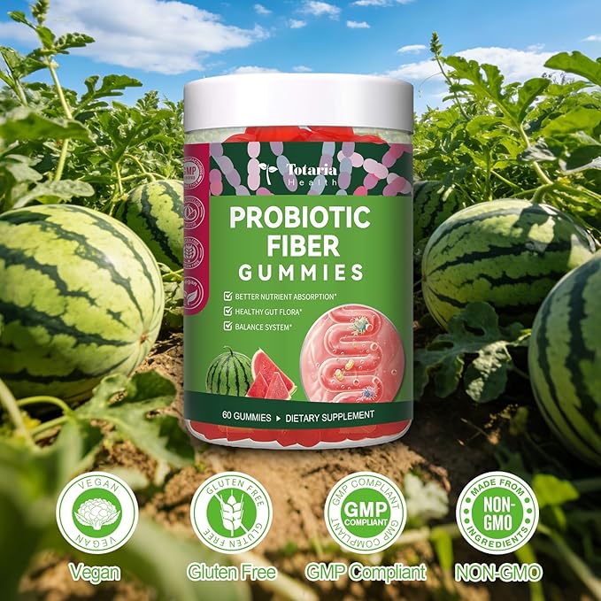 9-in-1 Probiotic Prebiotic Fiber Gummies for Adults Teens, Fiber Supplement Pro with 5 Billion CFU Bacillus Coagulans, Psyllium Husk, FOS, Inulin, ACV for Digestion & Gut, 60 Vegan Watermelon Gummies