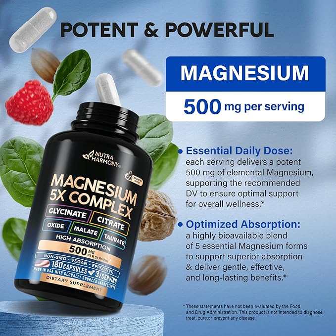Magnesium Supplement - 5 in 1 Complex | Glycinate | Citrate | Malate | Taurate | Oxide - Made in USA - Stress, Muscle & Heart Support - Vegan, Natural, Non-GMO - 180 Capsules, 2 Month Supply