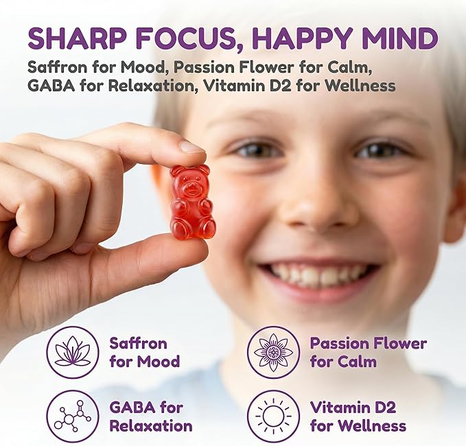 Saffron Gummies, Mood & Calm Support withPassion Flower, St. John's Wort, GABA & Vitamin D2,Emotional Balance & Focus Formula, Strawberry Flavor, 90Gummies
