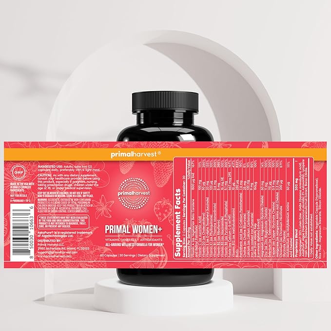 Primal Harvest Multivitamin for Women Vitamin A, Vitamin C, Vitamin D and E, Vitamin B12, B6, Biotin, Zinc Supplements, 60 Capsules (Womens 2 Pack)