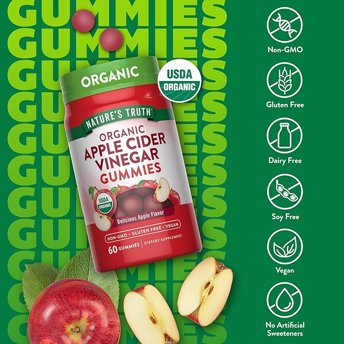 Nature's Truth Organic Apple Cider Vinegar Gummies | 60 Count | Vegan, Gluten Free & Non-GMO Supplement | USDA Organic | Apple Flavor